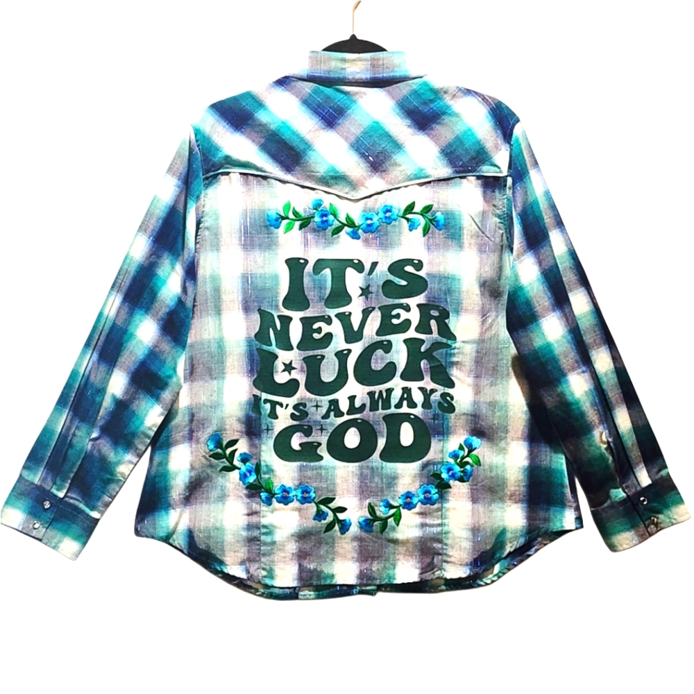 It's Never Luck It's Always God Custom Upcycled Plaid Long Sleeve Shirt, 1X